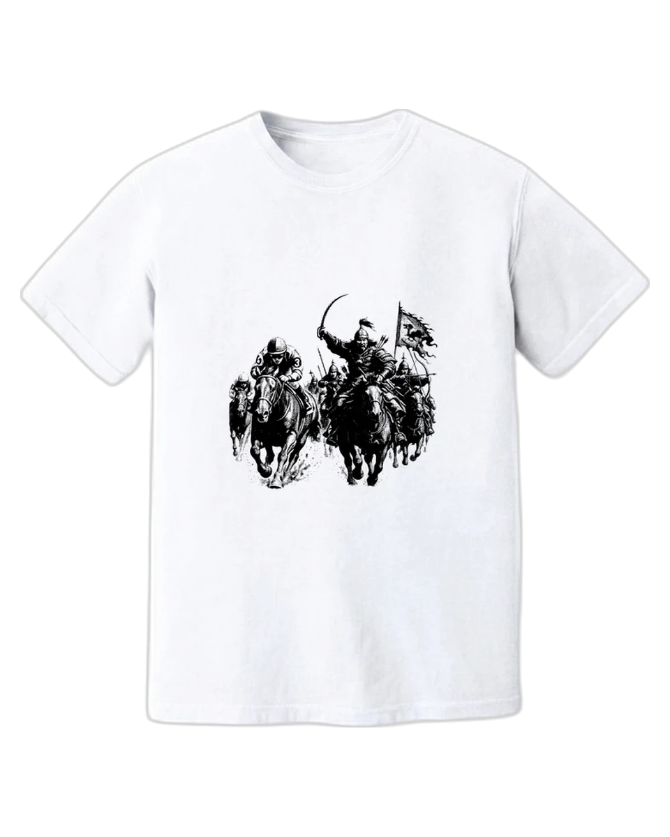 The Charge — black-ink Mongol cavalry at full gallop, printed on a white tee