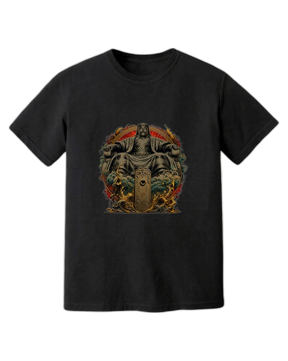 The Khan — Genghis Khan enthroned in black and gold, on a black tee
