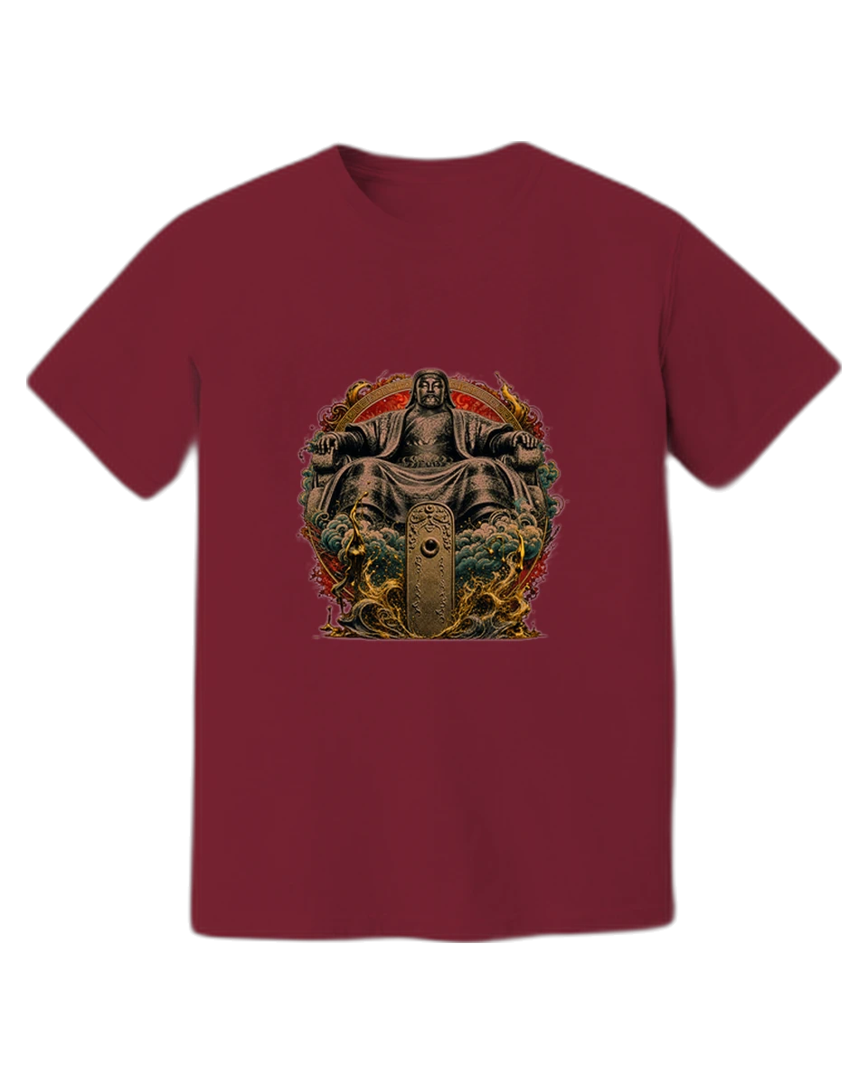 The Khan on the burgundy tee