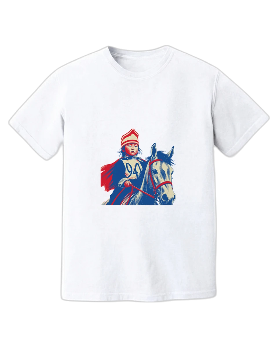 Racer — a Naadam horse racer at full speed, halftone print, printed on a white tee